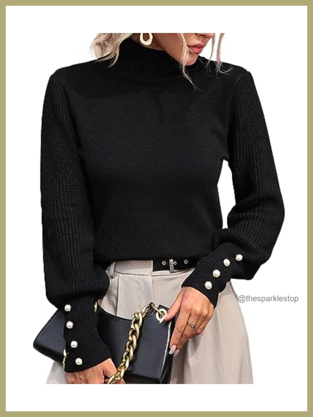 Women's Turtleneck Knitted Pullover Sweater Loose Fit Lantern Sleeve